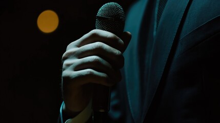 Man’s hand in a suit holding a microphone at a professional even.