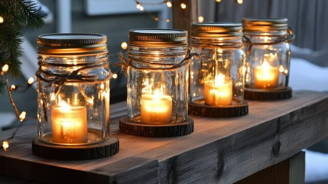 Burning candles in glass mason jars with wooden lids and twine, warm lights around, rustic wooden table background, cozy holiday atmosphere. The concept of memory