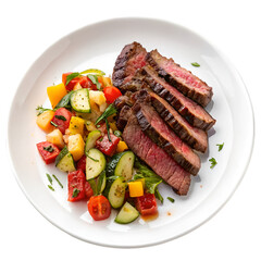 Grilled beef slices and diced vegetables on white plate on white background
