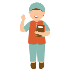 Muslim Student Holding a Notebook, Waving