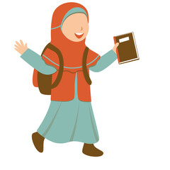Happy Muslim Girl Going to School with Backpack and Book