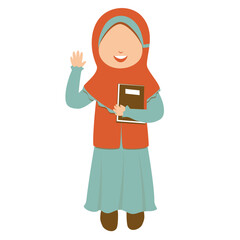 Smiling Muslim Girl Student Waving and Holding Book