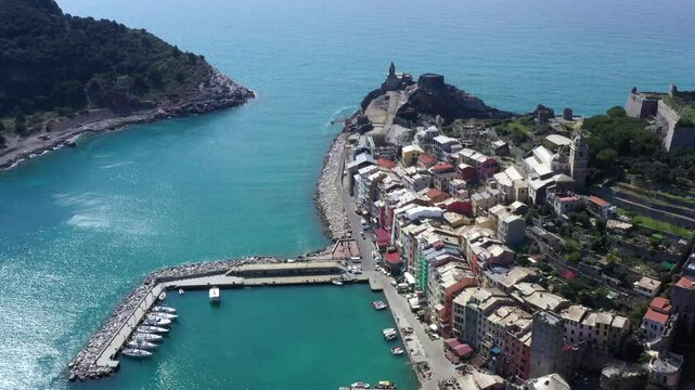 Aerial view of Portovenere village and Doria castle. La Spezia province, Liguria, Italy