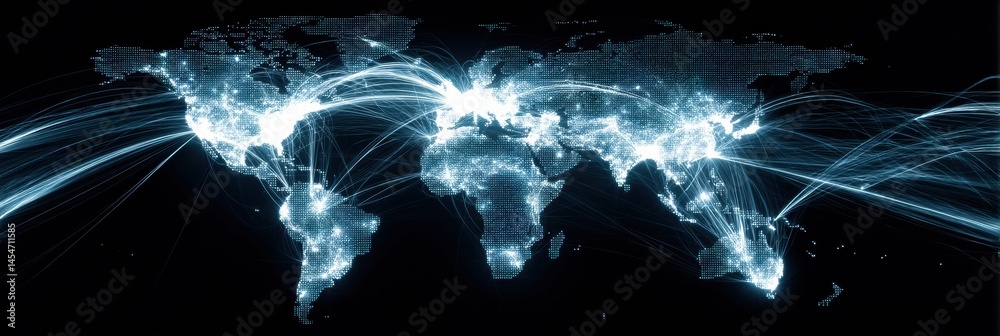 Aufkleber Glowing Digital World Map With Connecting Parcel Lines Across Continents in a Global Network Visualization Generative AI