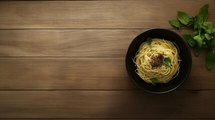 Delicious pasta dish with fresh basil rustic kitchen setting culinary photography warm lighting