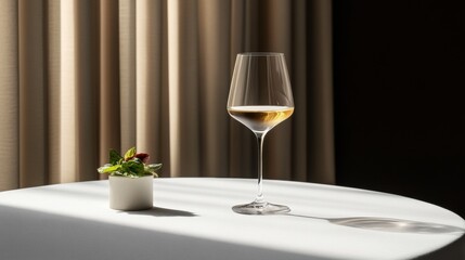 Elegant wine glass on table with fresh herbs modern setting minimalist aesthetic artistic viewpoint