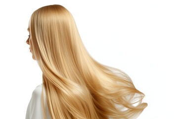 Naklejka premium Back view of blonde woman with extra-long straight hair on white background.
