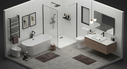 Modern bathroom design, isometric view, neutral tones, for home decor inspiration