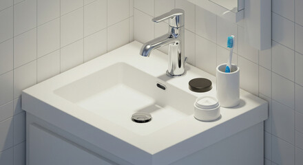 Modern bathroom sink with accessories, for interior design