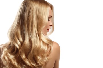 Rear view of blonde woman with soft retro curls and glossy hair on white background.