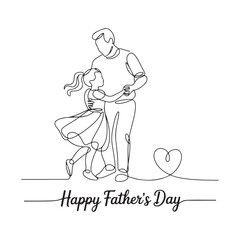 One line drawing of father dancing with daughter with heart and happy father’s day text on white background.