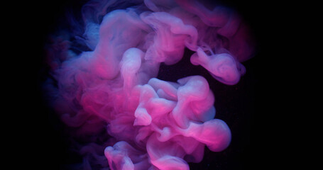 Neon smoke. Fog ink swirl. Bright color spray flow mix pigment. Blur purple pink fluorescent glow splash abstract background black frame.