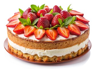 Tasty cake with fresh strawberries isolated on white background