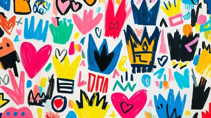 Obraz premium Vibrantly Illustrated Crowns and Squiggles on Colorful Background