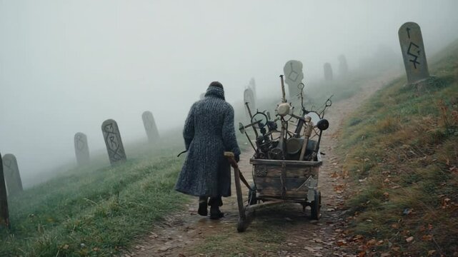 Back view of a solitary person small wooden cart filled strange vintage objects, walking foggy countryside road, cryptic roadside symbols, muted tones, mysterious cinematic, storybook realism