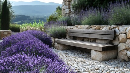 A rustic wooden bench in a lavender garden with a view of rolling hills in the background.