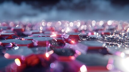 Expansive digital plain made of interconnected neon hexagons, shimmering with shifting holographic gradients, surreal futuristic environment under a pulsating synthetic sun