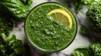 Obraz premium An overhead shot of a delicious green smoothie with a lemon garnish, rich in greens.