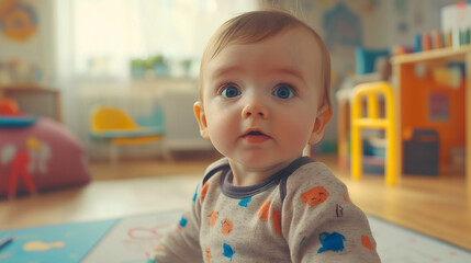 Adorable Baby Boy with Blue Eyes in Playful Nursery Setting