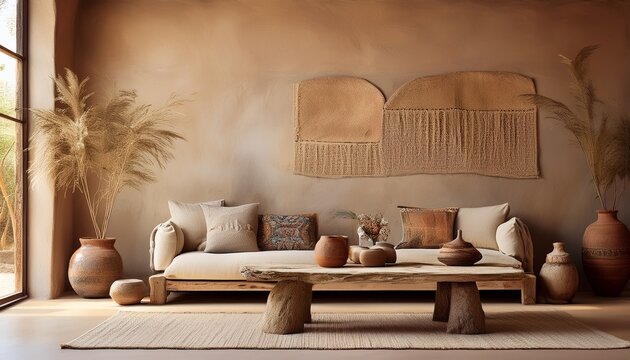 Wohnzimmer im Wabi-Sabi-Stil mit handgefertigtem Lehmputz