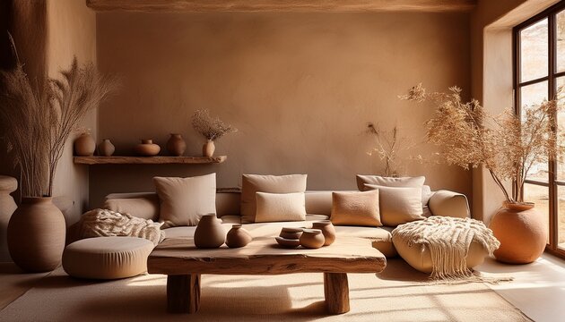 Wohnzimmer im Wabi-Sabi-Stil mit handgefertigtem Lehmputz