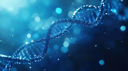 A glowing blue DNA double helix structure with sparkling particles and a soft halo, against a dark blue gradient background