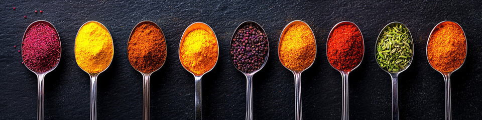 Colorful Spices in Spoons  Turmeric  Paprika  Chili  Cumin  Fennel  Curry Powder  Food Pho