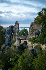 Bastei bridge at sunrise in the Elbe Sandstone Mountains, Saxony, Germany showcasing breathtaking views