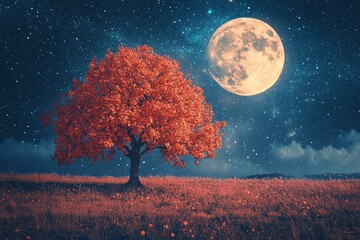 Beautiful autumn fantasy - maple tree in fall season and full moon with milky way star