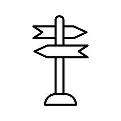 Vector line icon of a direction sign, typically represented by arrows pointing in multiple directions on a post. Symbolizes navigation, travel, guidance, location, or wayfinding. Commonly used in GPS 