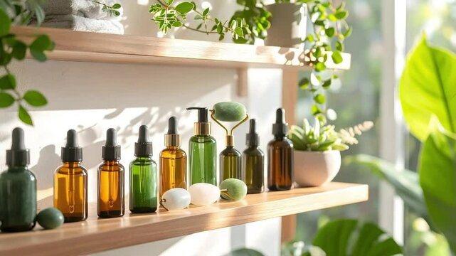 Natural Skincare Products on Wooden Shelves with Plants