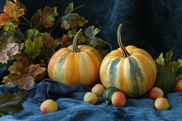 Autumn fall thanksgiving day composition with decorative pumpkins, banner