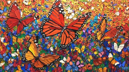 Vibrant Monarch Butterflies in a Colorful Floral Mosaic