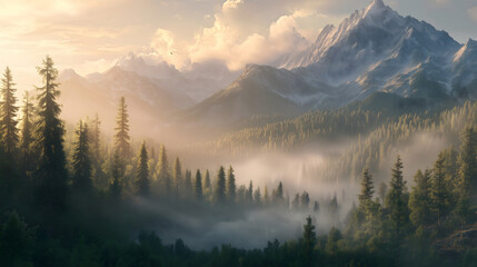Obraz premium Majestic Sunrise Over Foggy Mountain Forest Landscape with Snow Capped Peaks