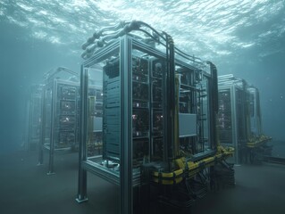 Obraz premium Submerged servers in an underwater data center. An innovative approach to cooling computational infrastructure using the ocean's resources.