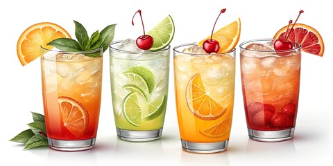 Refreshing colorful tropical cocktails with citrus and cherries on ice in tall glasses, perfect for summer and party themes