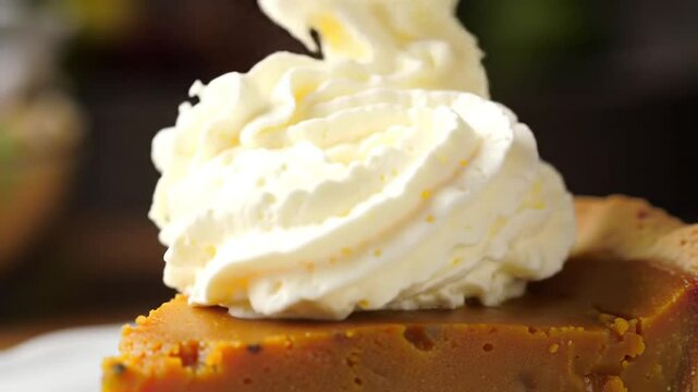 Close-up of whipped cream on pumpkin pie slice