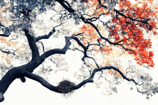 A bird's nest nestled in the branches of a tree with vibrant autumn leaves.