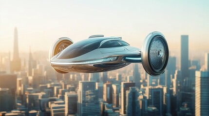 Fototapeta premium A modern - looking flying car with a streamlined design and metallic texture hovering in the air above a modern city at sunset, with a focus on details and lighting effects