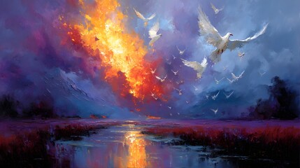 Obraz premium Majestic Dawn with Birds Flying over Fiery Sky and Tranquil Water Reflection in Nature