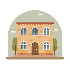 Brick building with trees and rounded windows icon