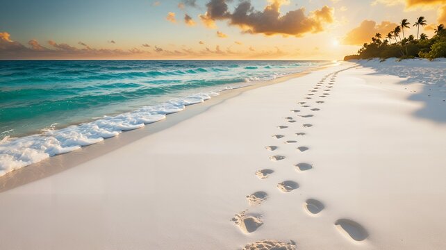 Golden hour tropical beach with footprints in white sand leading to calm turquoise ocean under warm sunlight and colorful sky