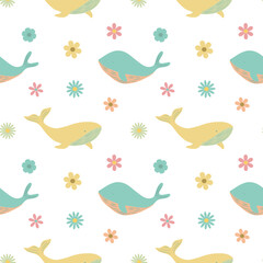 Whales and flowers seamless pattern. Nautical pattern for children textile design or childish wallpaper. Tile for nursery room	
