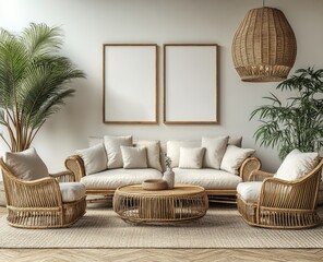 Modern, bohemian living room scene with rattan furniture.