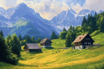Obraz premium Peaceful village nestled in Alpine hills captures the essence of Swiss and Bavarian countryside charm