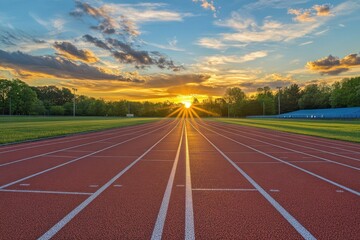 Fototapeta premium Golden rays light the running track where determination meets beauty in the evening calm