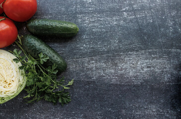 Fresh vegetables side view top view. tomatoes,cucumbers herbs. healthy eating concept.space for text.