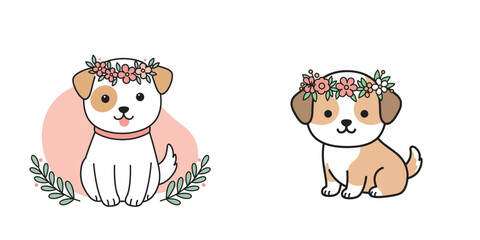 Puppy with floral wreath for festive pet photography, decorated animal concept