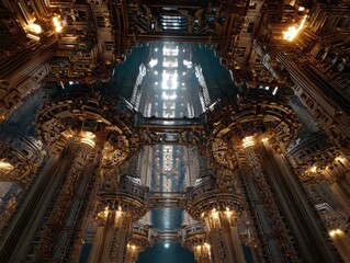 Intricate mechanical cathedral rises to illuminated heights, a blend of ornate structure and engineering precision.