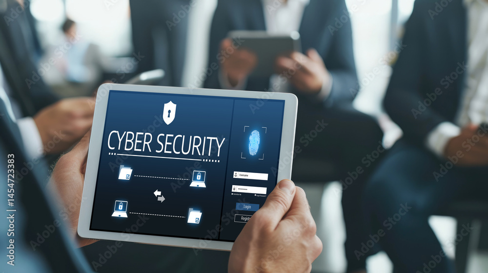 Poster cyber security system on computer screen protect private information brisk from hacker and cyber att